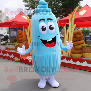 Sky Blue French Fries mascot costume character dressed with a Sheath Dress and Shoe laces