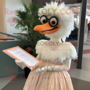 Peach Emu mascot costume character dressed with a Wedding Dress and Reading glasses