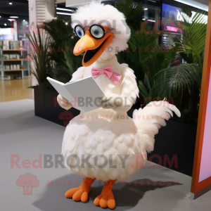 Peach Emu mascot costume character dressed with a Wedding Dress and Reading glasses