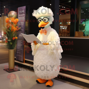Peach Emu mascot costume character dressed with a Wedding Dress and Reading glasses