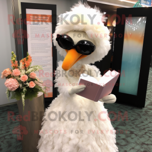 Peach Emu mascot costume character dressed with a Wedding Dress and Reading glasses