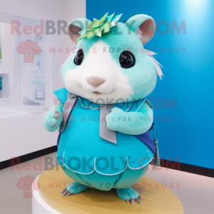 Cyan Guinea Pig mascot costume character dressed with a Mini Skirt and Gloves