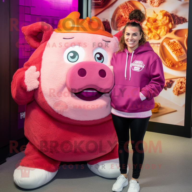 Magenta Pulled Pork Sandwich mascot costume character dressed with a Sweatshirt and Earrings Magenta Pulled Pork Sandwich mascot costume character dressed with a Sweatshirt and Earrings