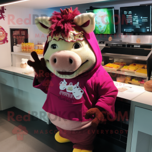 Magenta Pulled Pork Sandwich mascot costume character dressed with a Sweatshirt and Earrings