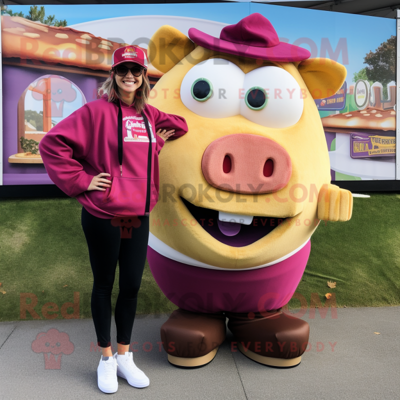 Magenta Pulled Pork Sandwich mascot costume character dressed with a Sweatshirt and Earrings