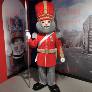 Silver British Royal Guard mascot costume character dressed with a Graphic Tee and Shoe clips