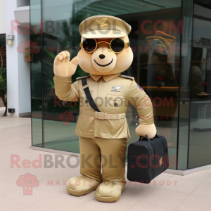 Gold Air Force Soldier mascot costume character dressed with a Polo Shirt and Briefcases