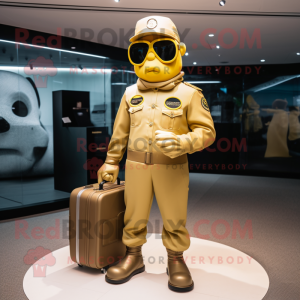 Gold Air Force Soldier mascot costume character dressed with a Polo Shirt and Briefcases