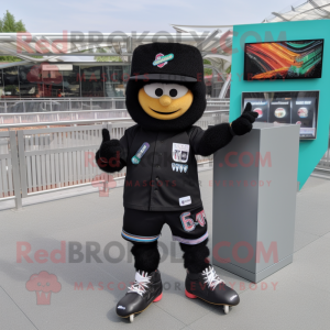Black Skateboard mascot costume character dressed with a V-Neck Tee and Smartwatches