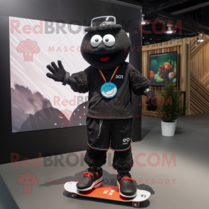 Black Skateboard mascot costume character dressed with a V-Neck Tee and Smartwatches