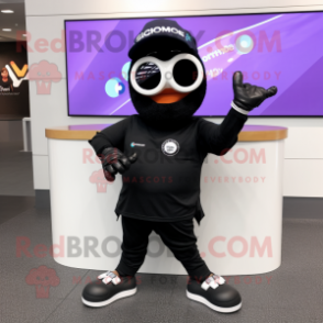 Black Skateboard mascot costume character dressed with a V-Neck Tee and Smartwatches