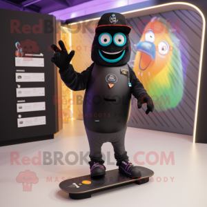 Black Skateboard mascot costume character dressed with a V-Neck Tee and Smartwatches