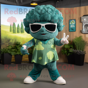 Teal Broccoli mascot costume character dressed with a Culottes and Sunglasses