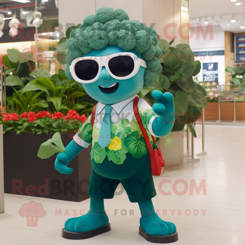 Teal Broccoli mascot costume character dressed with a Culottes and Sunglasses