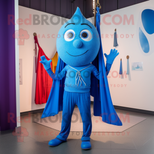 Blue Trapeze Artist mascot costume character dressed with a Capri Pants and Shawl pins