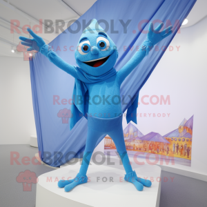 Blue Trapeze Artist mascot costume character dressed with a Capri Pants and Shawl pins