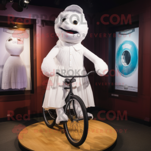 White Unicyclist mascot costume character dressed with a Henley Shirt and Shawls