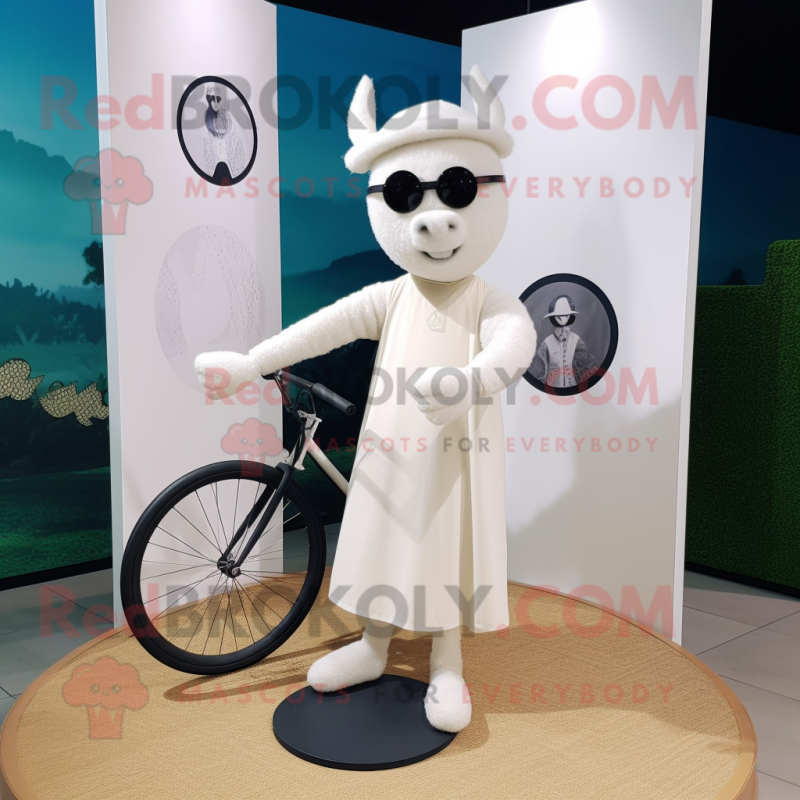 White Unicyclist mascot costume character dressed with a Henley Shirt and Shawls White Unicyclist mascot costume character dressed with a Henley Shirt and Shawls