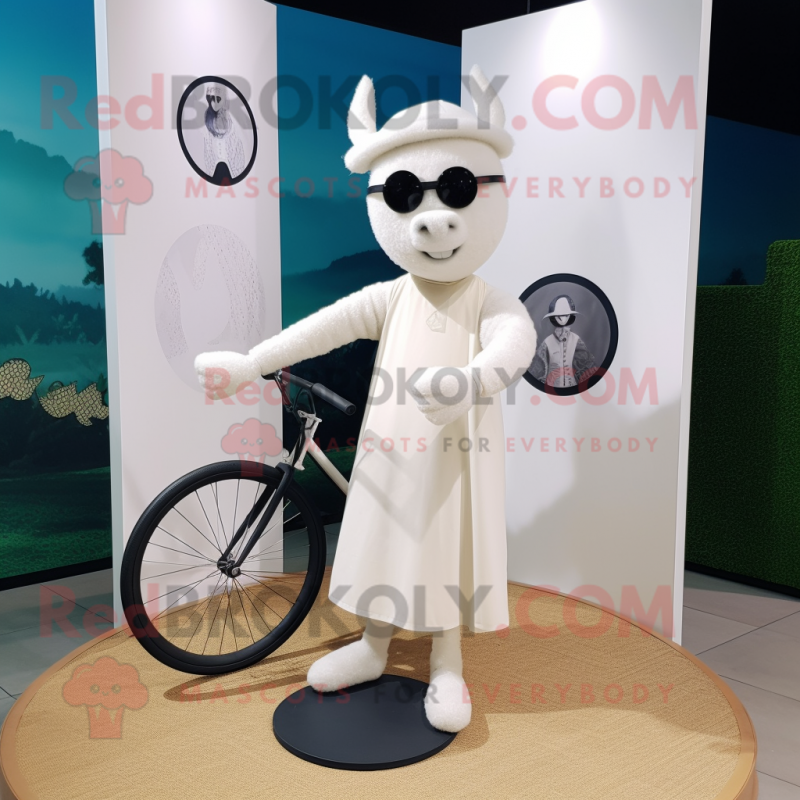 White Unicyclist mascot costume character dressed with a Henley Shirt and Shawls