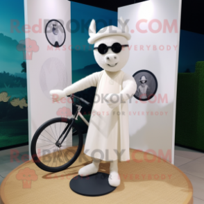 White Unicyclist mascot costume character dressed with a Henley Shirt and Shawls