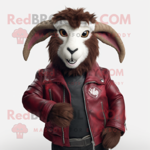 Maroon Angora Goat mascot costume character dressed with a Leather Jacket and Wraps