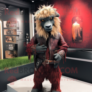 Maroon Angora Goat mascot costume character dressed with a Leather Jacket and Wraps