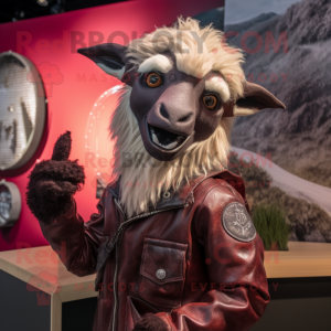 Maroon Angora Goat mascot costume character dressed with a Leather Jacket and Wraps