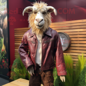 Maroon Angora Goat mascot costume character dressed with a Leather Jacket and Wraps