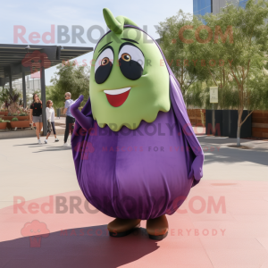 Olive Eggplant mascot costume character dressed with a A-Line Skirt and Wraps