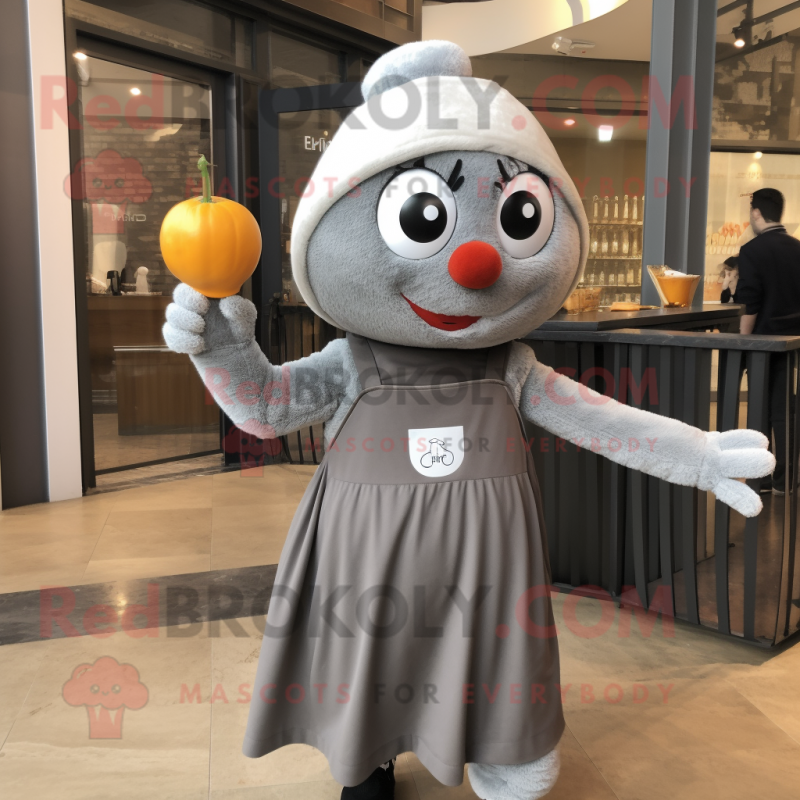Gray Shakshuka mascot costume character dressed with a Skirt and Beanies Gray Shakshuka mascot costume character dressed with a Skirt and Beanies