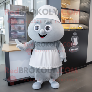 Gray Shakshuka mascot costume character dressed with a Skirt and Beanies