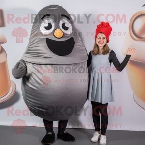 Gray Shakshuka mascot costume character dressed with a Skirt and Beanies