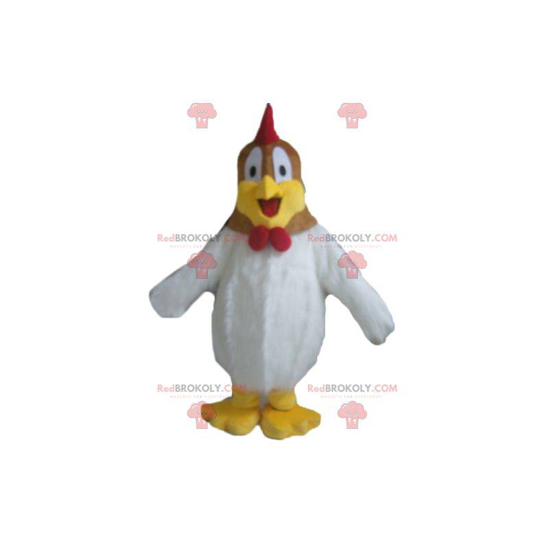 Mascota de gallina marrón roja y blanca gigante y regordeta -