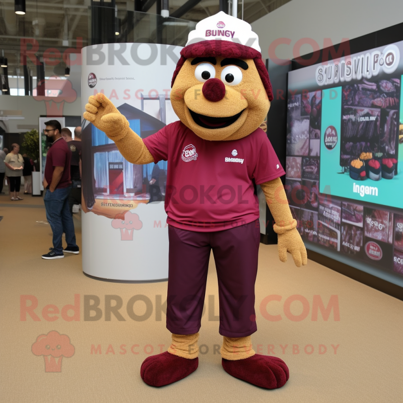Maroon Biryani mascot costume character dressed with a Cargo Pants and Anklets Maroon Biryani mascot costume character dressed with a Cargo Pants and Anklets