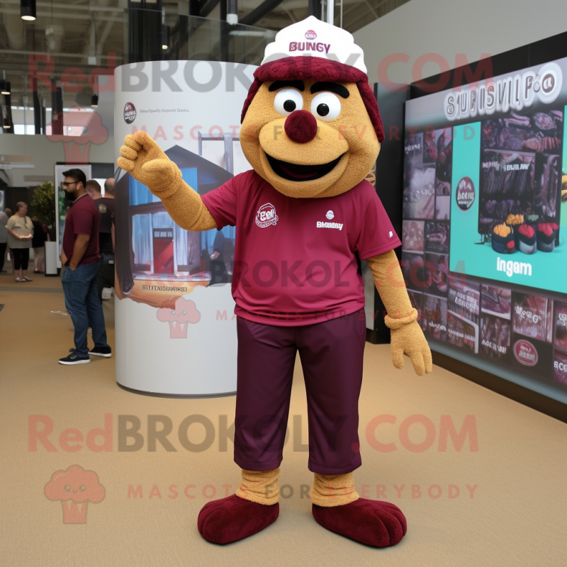 Maroon Biryani mascot costume character dressed with a Cargo Pants and Anklets