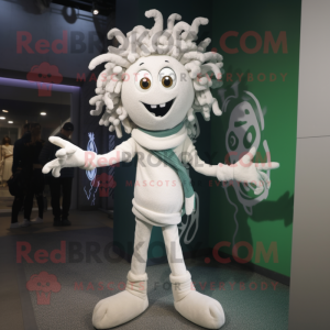 White Medusa mascot costume character dressed with a Skinny Jeans and Mittens