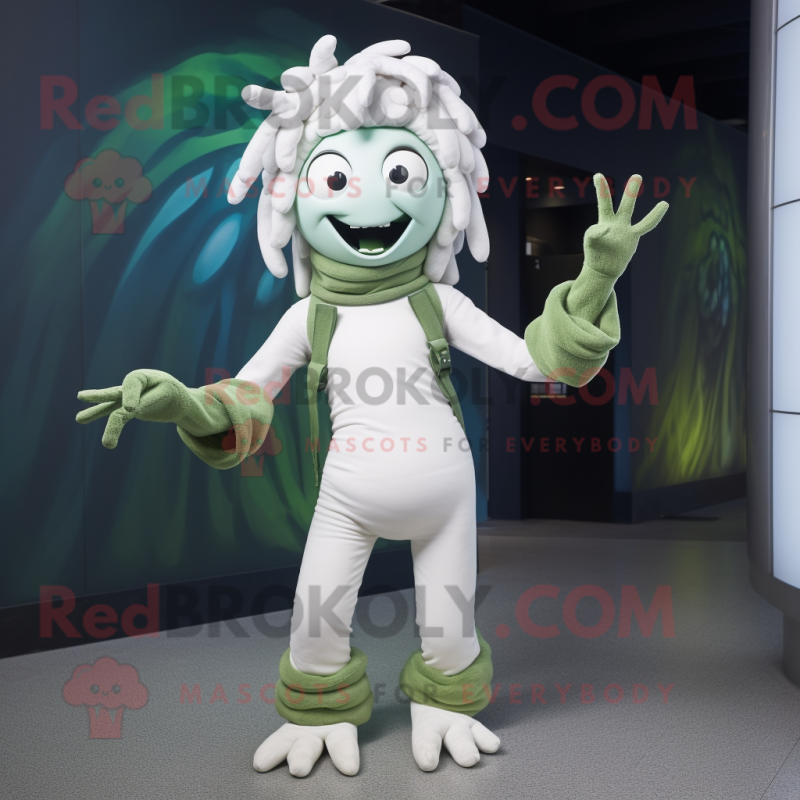 White Medusa mascot costume character dressed with a Skinny Jeans and Mittens