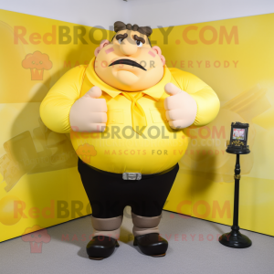 Yellow Strongman mascot costume character dressed with a Blouse and Tie pins