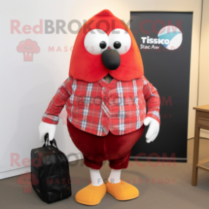 Red Shakshuka mascot costume character dressed with a Flannel Shirt and Briefcases