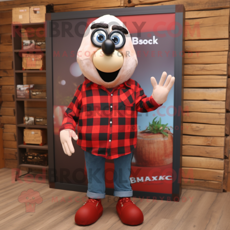 Red Shakshuka mascot costume character dressed with a Flannel Shirt and Briefcases Red Shakshuka mascot costume character dressed with a Flannel Shirt and Briefcases