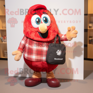 Red Shakshuka mascot costume character dressed with a Flannel Shirt and Briefcases