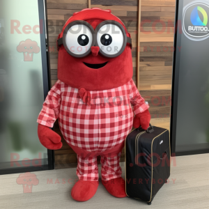 Red Shakshuka mascot costume character dressed with a Flannel Shirt and Briefcases