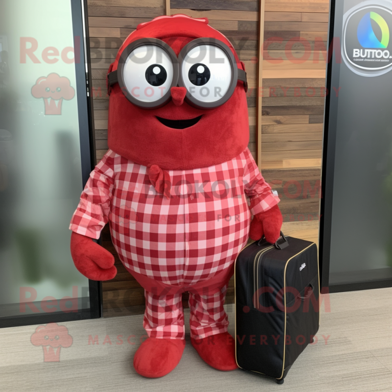 Red Shakshuka mascot costume character dressed with a Flannel Shirt and Briefcases Red Shakshuka mascot costume character dressed with a Flannel Shirt and Briefcases