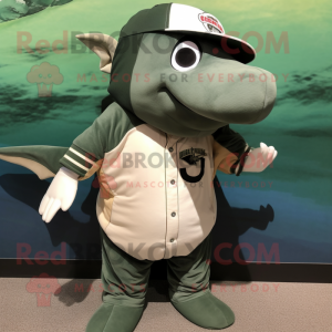 Olive Humpback Whale mascot costume character dressed with a Baseball Tee and Wallets