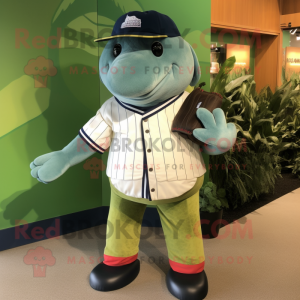 Olive Humpback Whale mascot costume character dressed with a Baseball Tee and Wallets