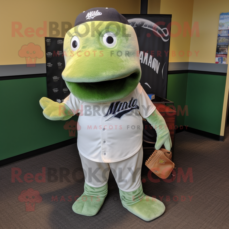 Olive Humpback Whale mascot costume character dressed with a Baseball Tee and Wallets Olive Humpback Whale mascot costume character dressed with a Baseball Tee and Wallets