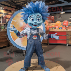 Blue Plate Spinner mascot costume character dressed with a Denim Shirt and Hair clips
