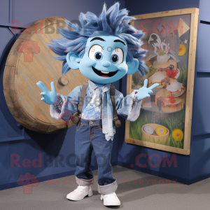 Blue Plate Spinner mascot costume character dressed with a Denim Shirt and Hair clips