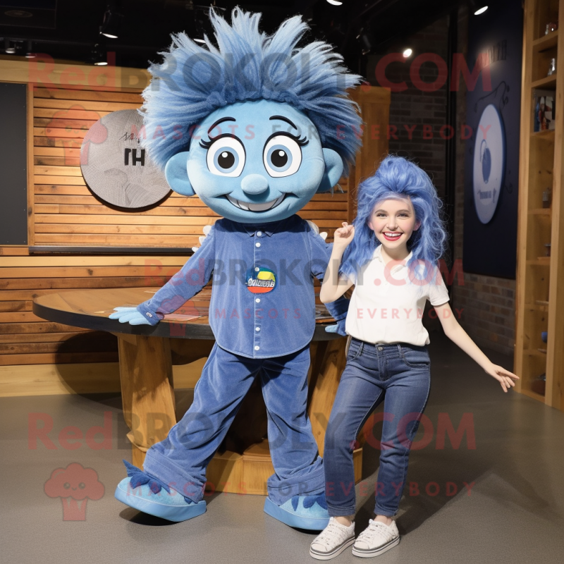 Blue Plate Spinner mascot costume character dressed with a Denim Shirt and Hair clips