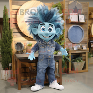 Blue Plate Spinner mascot costume character dressed with a Denim Shirt and Hair clips